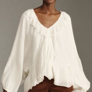 Anthropologie White Bishop Sleeve Blouse with Ruffles